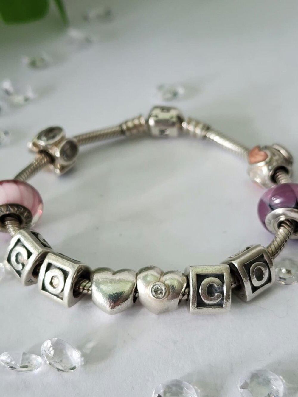AUTHENTIC PANDORA "COCO" 7.5" RETIRED CHARM BRACELET PINK & PURPLE MURANO HEARTS